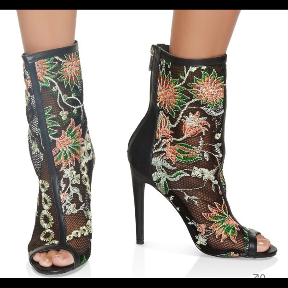 Embroidered Mesh High Heel Booties